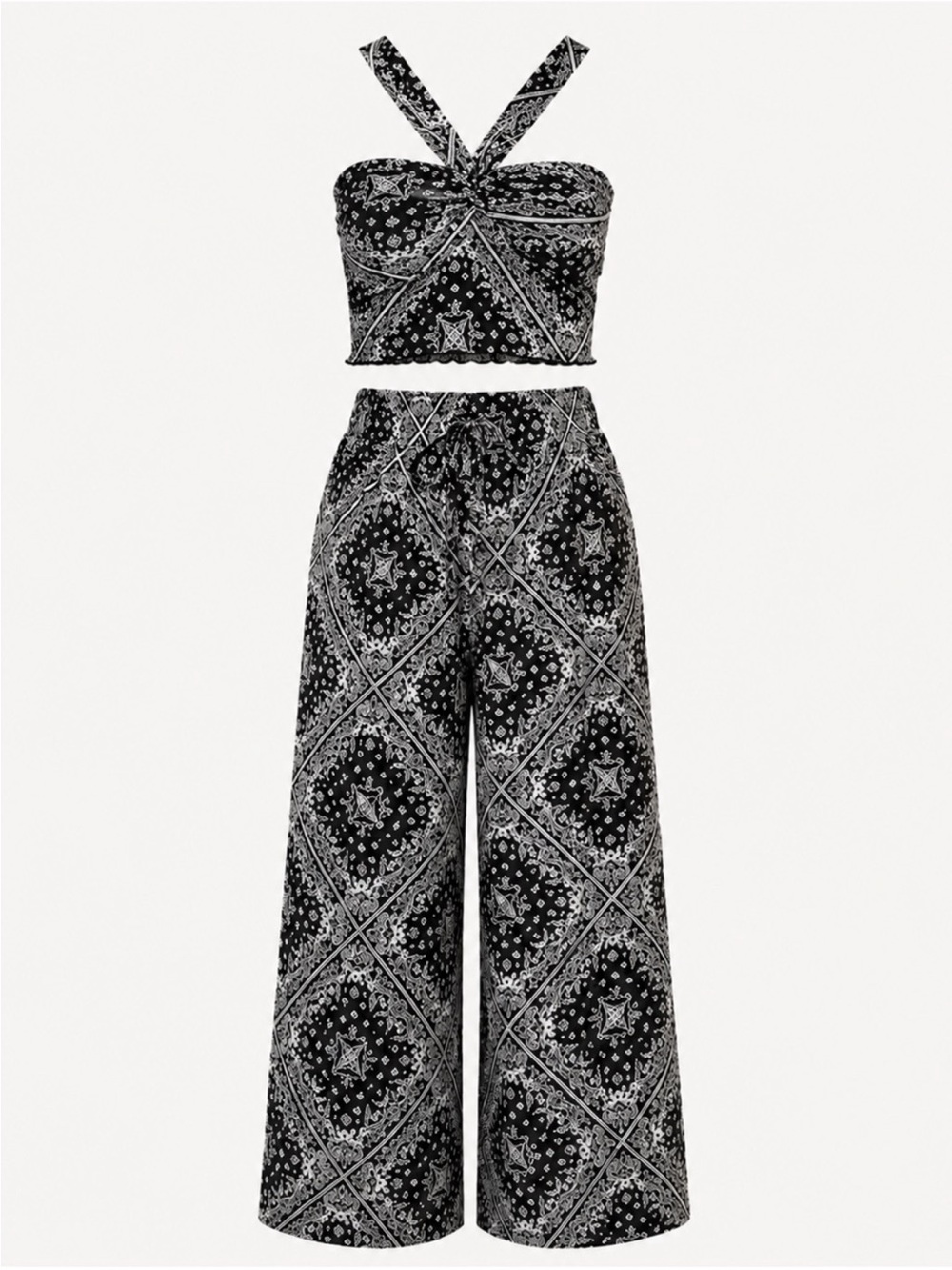 Monteau Size S Black White Bandana Print Two Piece Crop Top Pants Set